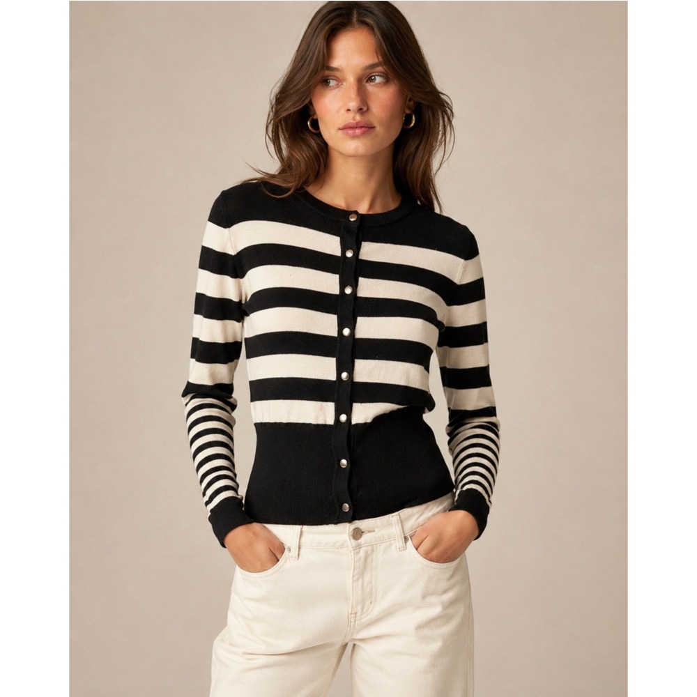 New Premise Studio Cardigan M Black White Striped Button Front Crewneck Parisian